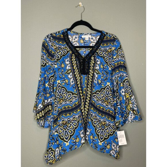 John Paul Richard Women's S Paisley Boho Bell Sleeve V-Neck Tunic NWT - Picture 1 of 9